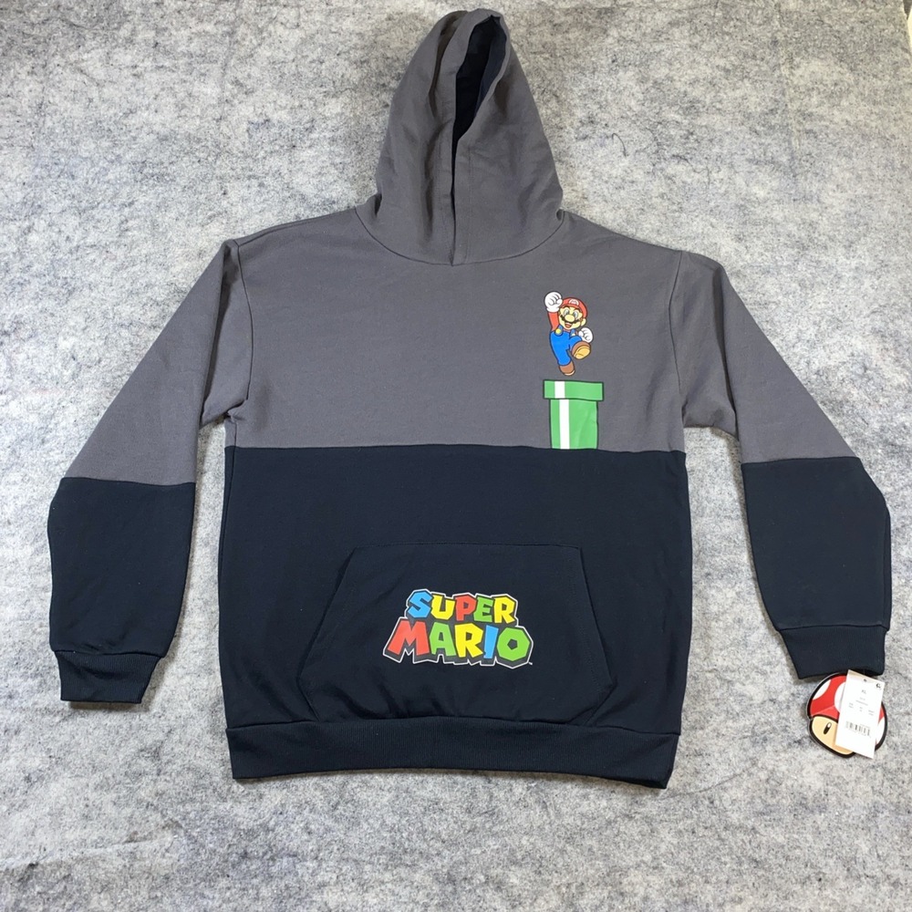 New Nintendo Super Mario Pullover Hoodie Youth XL Gray & Black